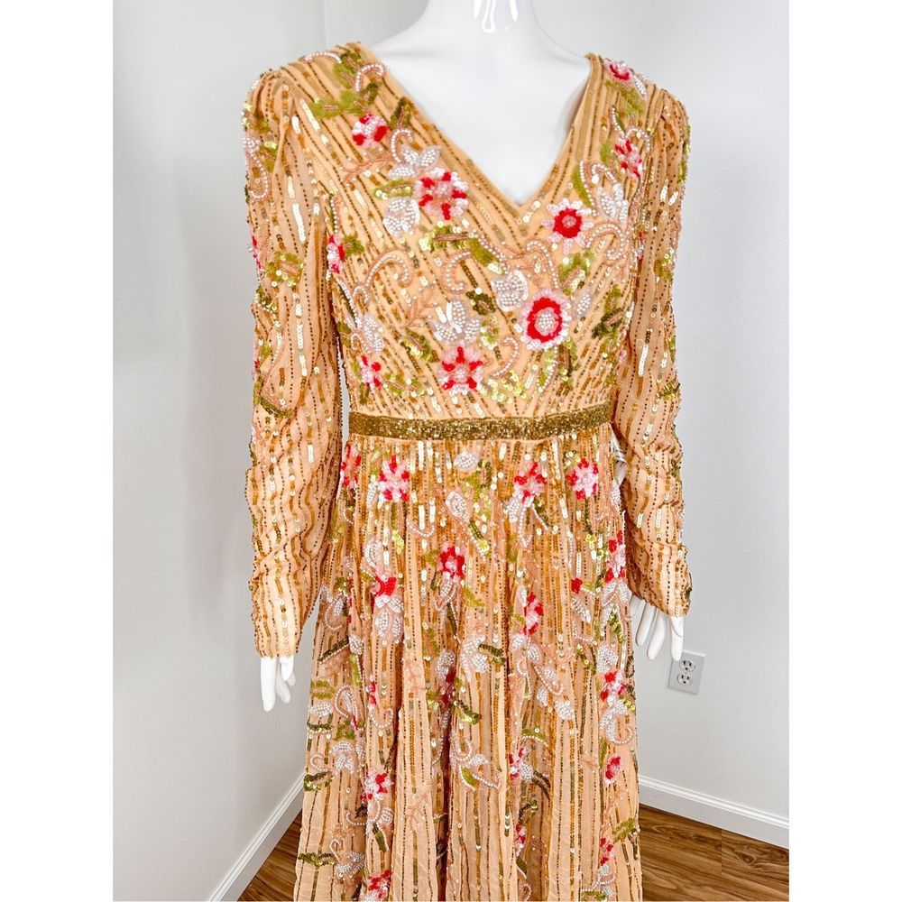 🔥🔥 Mac Duggal Long Sleeve Floral Beaded MIDI Dress Size 14 - Picture 6 of 12